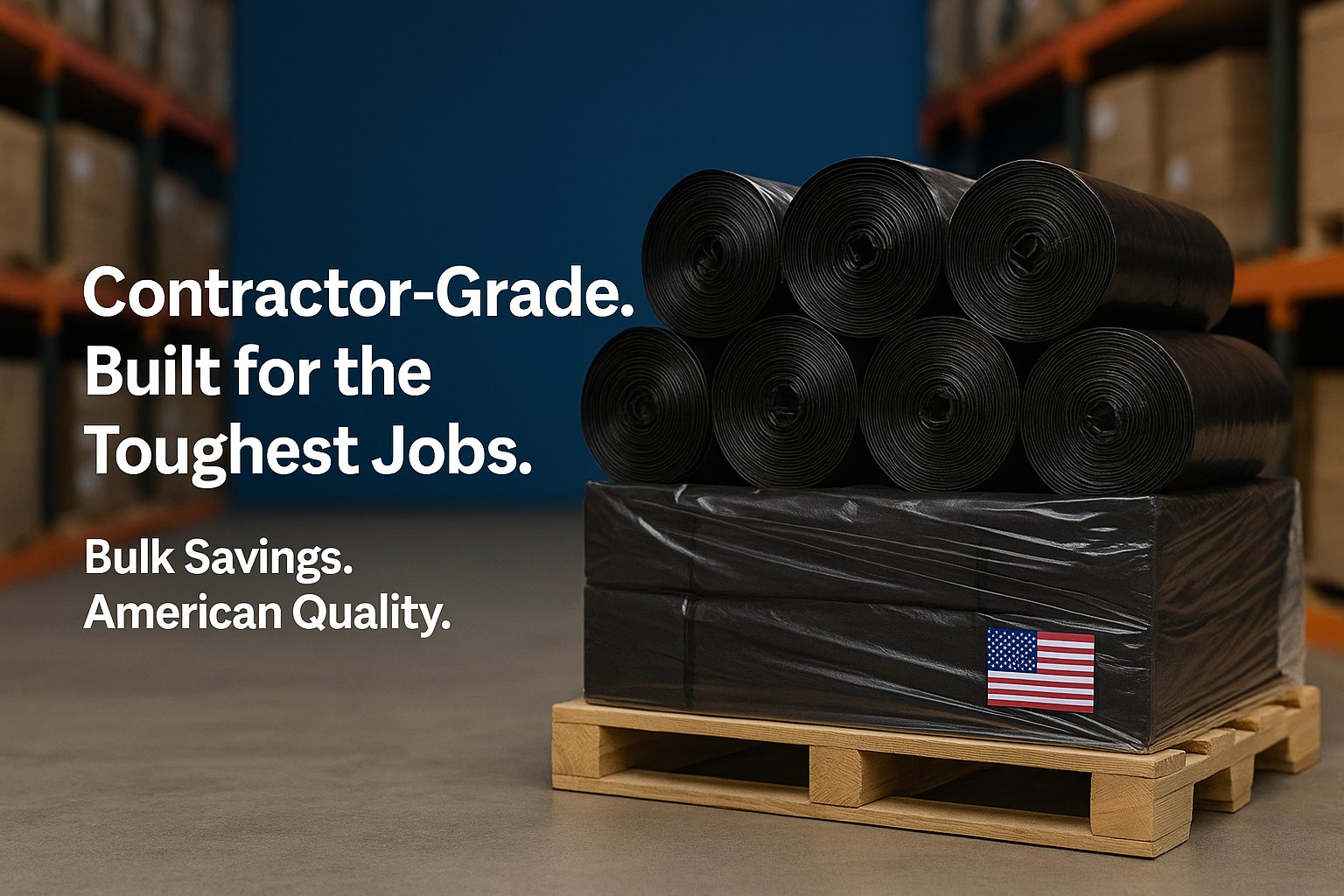 Contractor-grade Elite Plastic Supply bags on a pallet — bulk savings, American quality