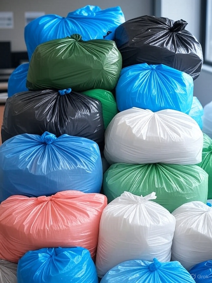 Colorful stack of Elite Plastic Supply trash bags — black, blue, green, white and clear can liners